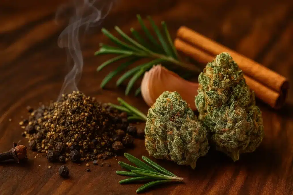 Fleurs de cannabis CBD accompagnées de poivre noir moulu, de romarin, de cannelle, de clous de girofle et d’ail, sur une surface en bois naturel.
