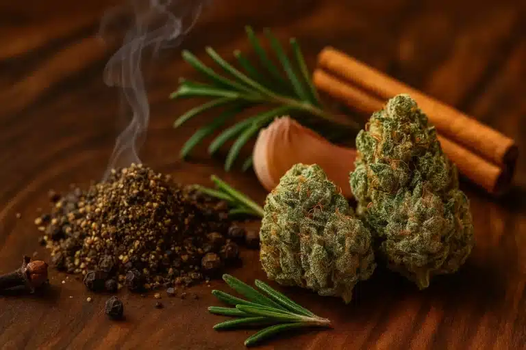 Fleurs de cannabis CBD accompagnées de poivre noir moulu, de romarin, de cannelle, de clous de girofle et d’ail, sur une surface en bois naturel.