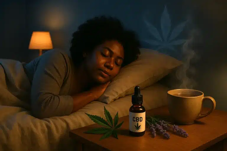 Femme dormant paisiblement dans une chambre tamisée, avec flacon de CBD, lavande, feuilles de chanvre et tisane.