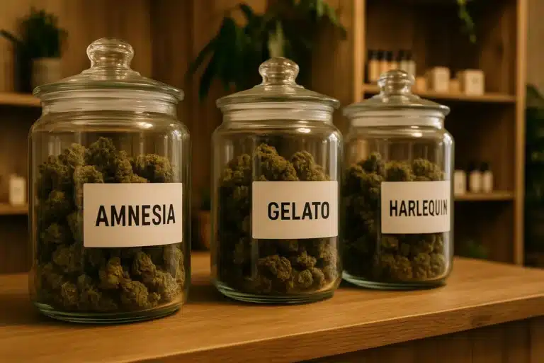 Trois bocaux en verre étiquetés "Amnesia", "Gelato" et "Harlequin", remplis de fleurs de CBD.
