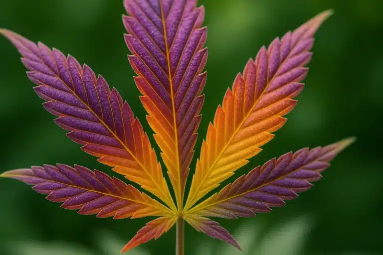 Macro d'une feuille de cannabis mature aux teintes violettes, orangées et jaunes, illustrant la richesse en flavonoïdes.
