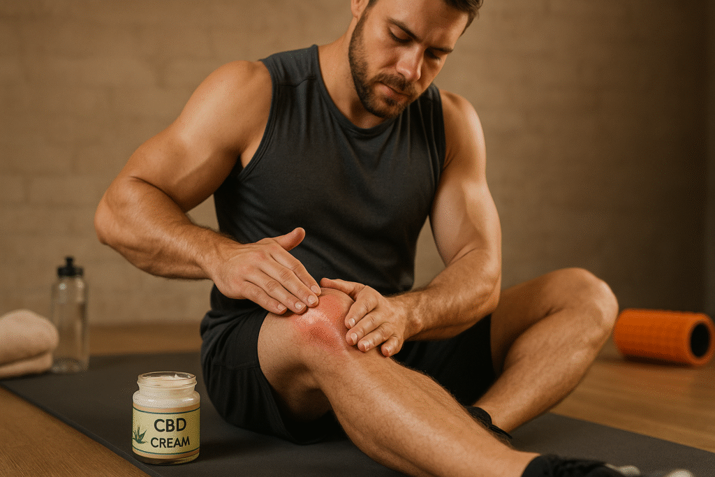 Un athlète applique de la crème CBD sur son genou rouge après un entraînement, avec le pot en évidence au premier plan.