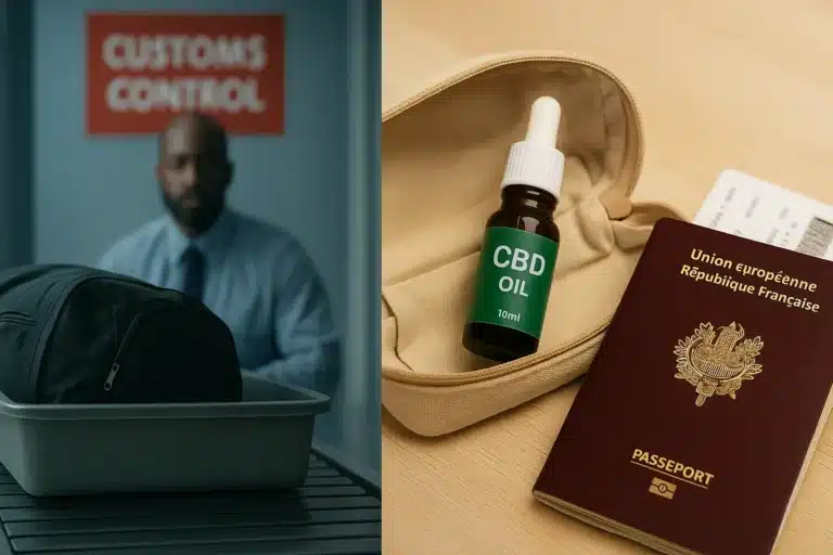 Contraste visuel entre contrôle de sécurité à l’aéroport et préparation sereine avec CBD pour le voyage