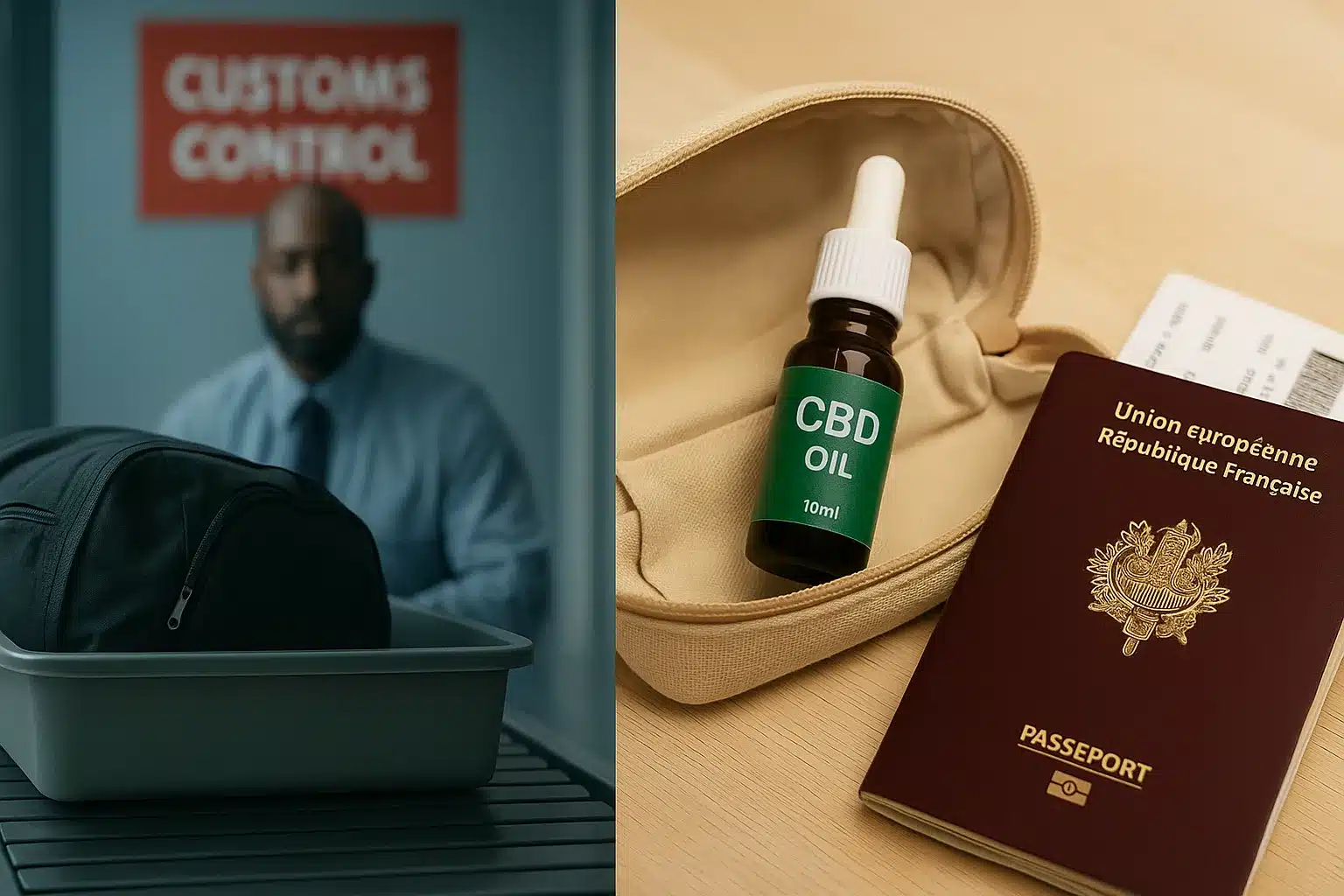 Contraste visuel entre contrôle de sécurité à l’aéroport et préparation sereine avec CBD pour le voyage