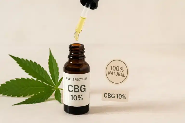 Bouteille d’huile CBG 10 % avec pipette, feuille de chanvre et étiquette "100 % naturel" sur fond beige en 16:9.