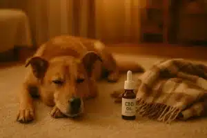 Un chien détendu allongé sur un tapis moelleux, à côté d’un flacon d’huile de CBD et d’un plaid en laine.
