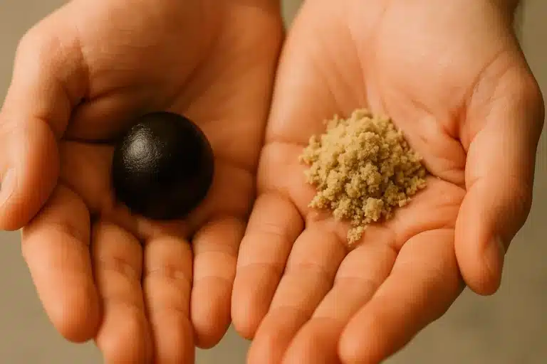 Deux mains tenant du hash CBD : une résine foncée et collante à gauche, un hash clair et friable à droite.