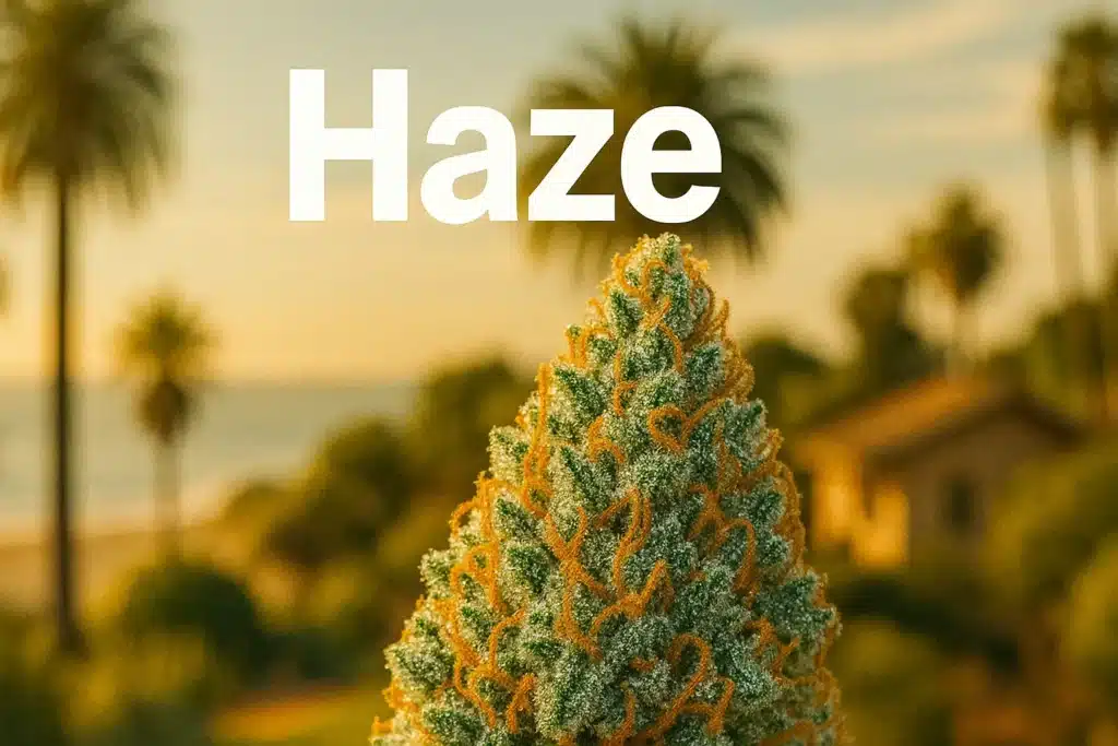 Grosse tête de Haze CBD résineuse en gros plan, avec arrière-plan ensoleillé façon côte californienne.