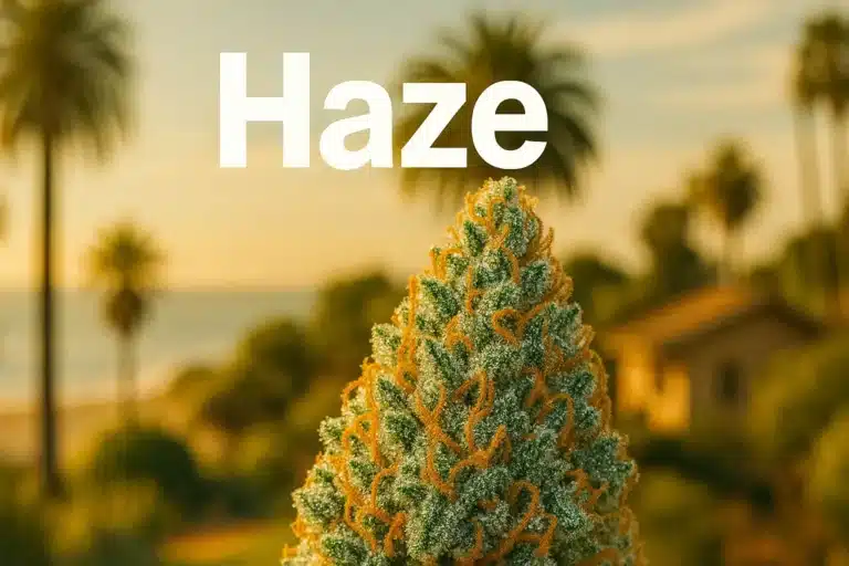 Grosse tête de Haze CBD résineuse en gros plan, avec arrière-plan ensoleillé façon côte californienne.