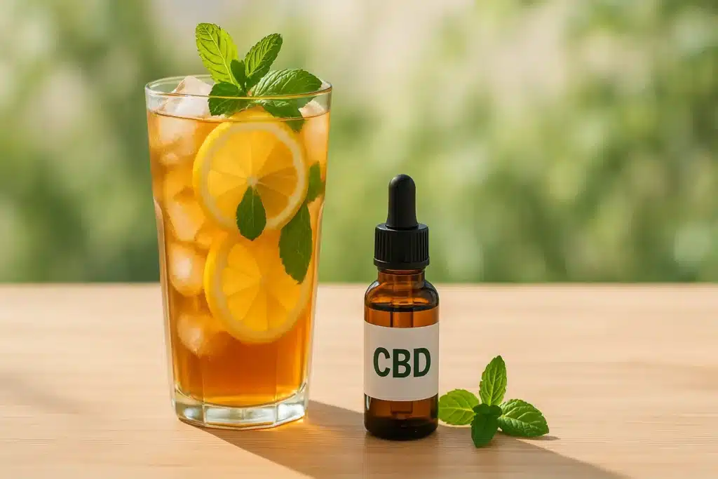 Grand verre de thé glacé au citron et à la menthe, avec une fiole de CBD posée à côté