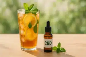 Grand verre de thé glacé au citron et à la menthe, avec une fiole de CBD posée à côté