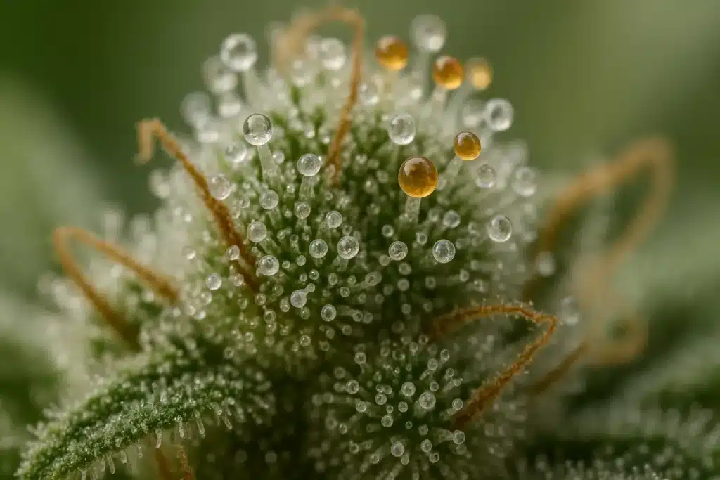 Macro photo ultra-détaillée d’une fleur de cannabis avec trichomes capitate-stalked brillants, en teintes transparentes, laiteuses et ambrées.