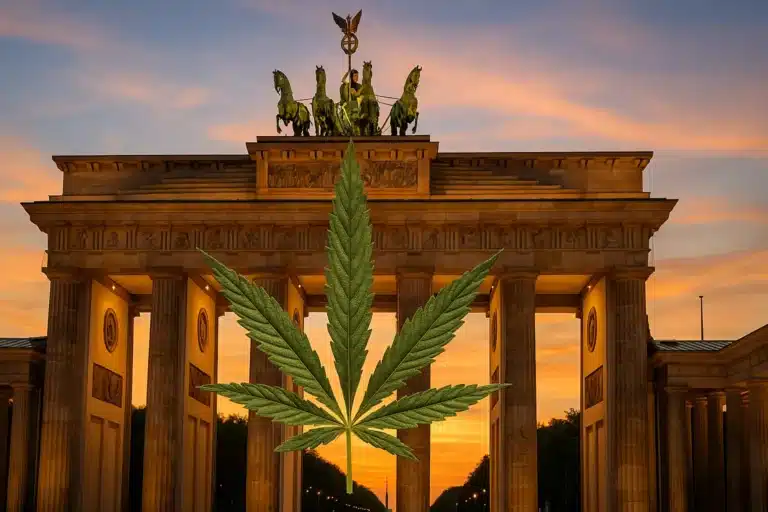 La porte de Brandebourg au coucher du soleil avec une feuille de cannabis réaliste au centre.