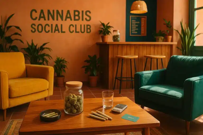 Intérieur lumineux d’un cannabis social club à Barcelone avec comptoir, fauteuils colorés, bocaux de cannabis, joints et déco naturelle.