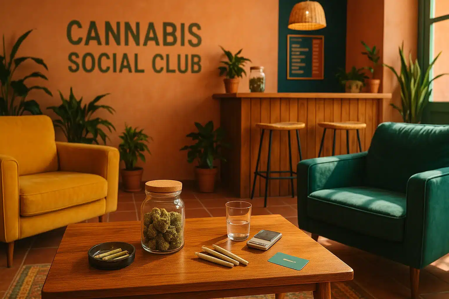  Intérieur lumineux d’un cannabis social club à Barcelone avec comptoir, fauteuils colorés, bocaux de cannabis, joints et déco naturelle.