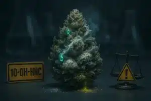 Fleur de cannabis modifiée chimiquement avec gouttes fluorescentes, étiquette 10‑OH‑HHC et symbole de danger