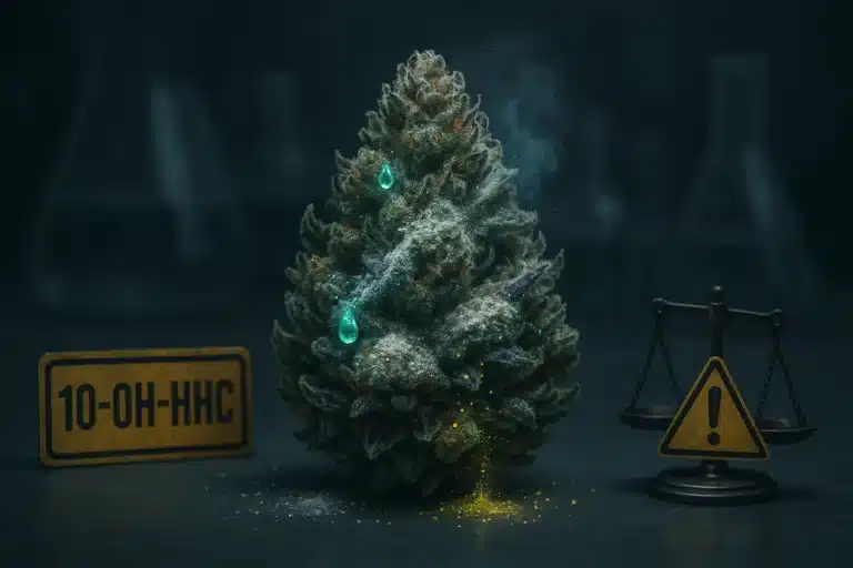 Fleur de cannabis modifiée chimiquement avec gouttes fluorescentes, étiquette 10‑OH‑HHC et symbole de danger