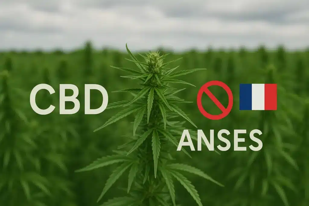 CBD hemp field with CBD and ANSES labels, prohibition sign, and French flag