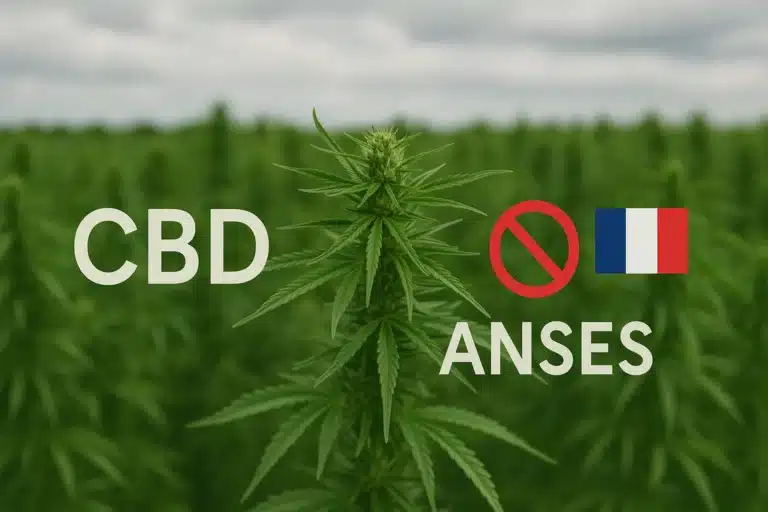 CBD hemp field with CBD and ANSES labels, prohibition sign, and French flag