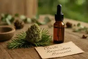 CBD cannabis posé sur des aiguilles de pin, avec un flacon d’huile et une note manuscrite “Clarté – Respiration – Mémoire”.