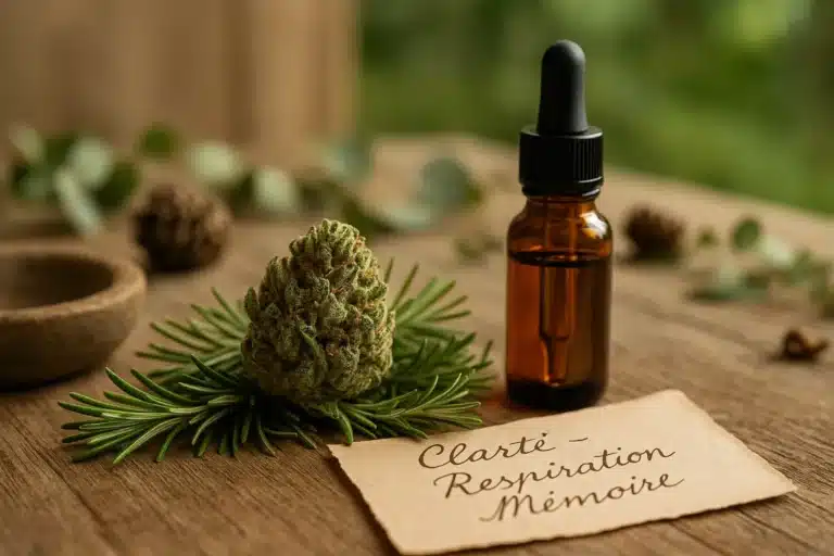 CBD cannabis posé sur des aiguilles de pin, avec un flacon d’huile et une note manuscrite “Clarté – Respiration – Mémoire”.