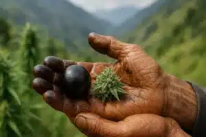 Weathered hands holding a sticky charas resin ball and a fresh cannabis flower in the Himalayan outdoors.