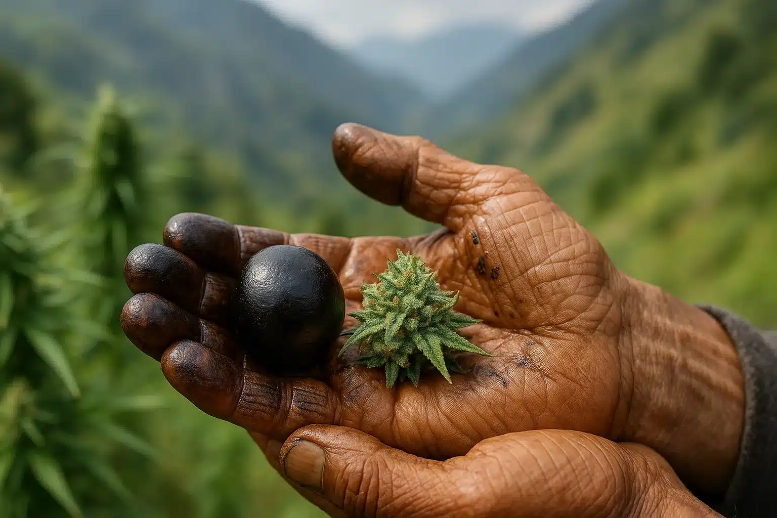 Weathered hands holding a sticky charas resin ball and a fresh cannabis flower in the Himalayan outdoors.