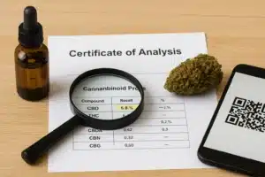 Un certificat d’analyse CBD avec loupe, fleur et QR code