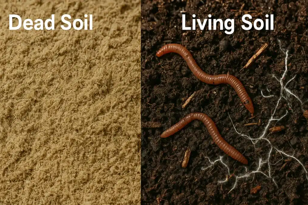 Comparaison côte à côte d’un sol mort (sec et stérile) et d’un sol vivant (riche et humide avec vers de terre et mycélium).