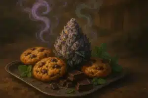 Illustration de type nature morte montrant un gros bud de cannabis GSC entouré de cookies, chocolat noir et feuilles de menthe