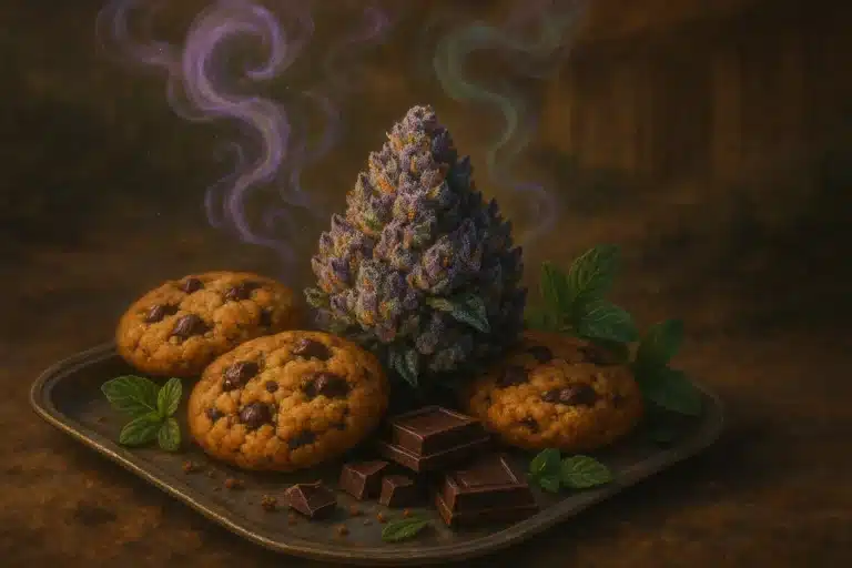 Illustration de type nature morte montrant un gros bud de cannabis GSC entouré de cookies, chocolat noir et feuilles de menthe