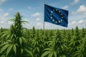 Champ de chanvre industriel avec drapeau européen en arrière-plan, évoquant la réforme du taux de THC en Europe.