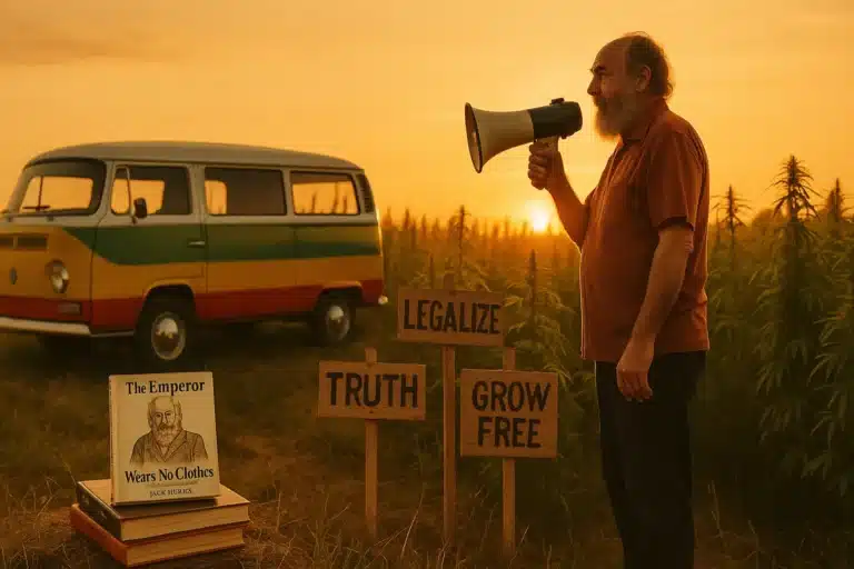 Jack Herer tenant un mégaphone dans un champ de chanvre au coucher du soleil, à côté d’un van rétro et de pancartes "Truth", "Legalize", "Grow Free".