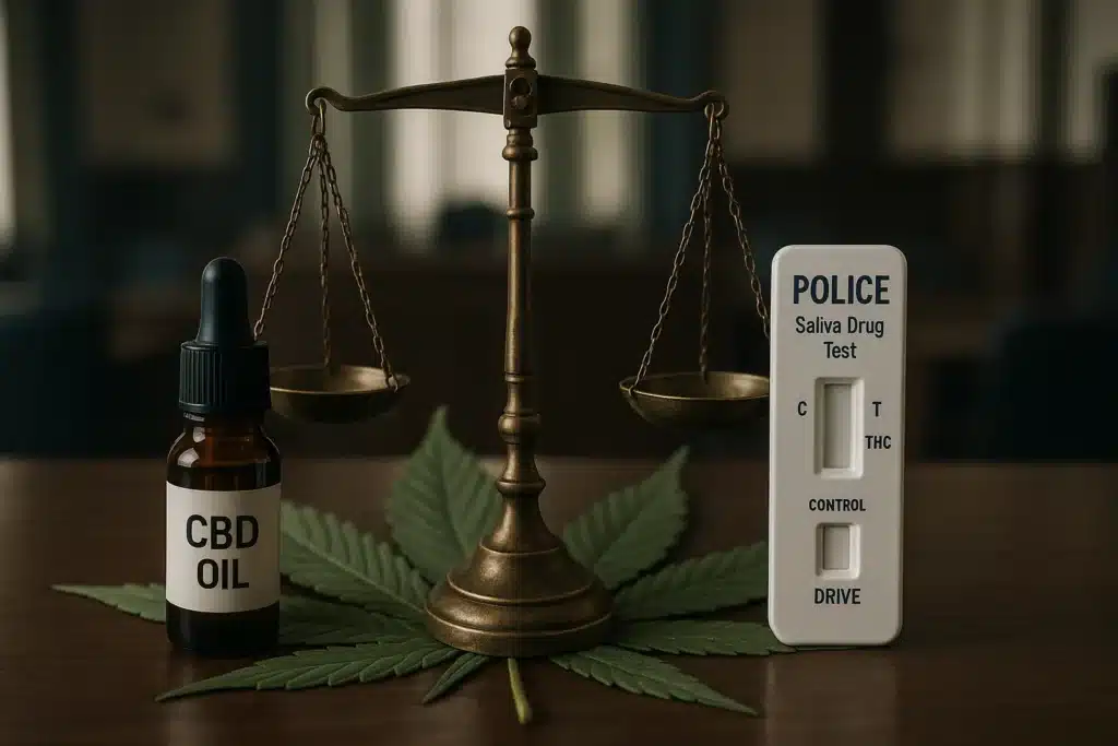 Une balance de justice posée sur une feuille de chanvre, avec de l’huile de CBD et un test salivaire de police.