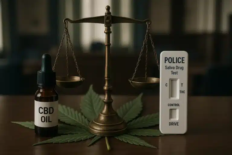 Une balance de justice posée sur une feuille de chanvre, avec de l’huile de CBD et un test salivaire de police.