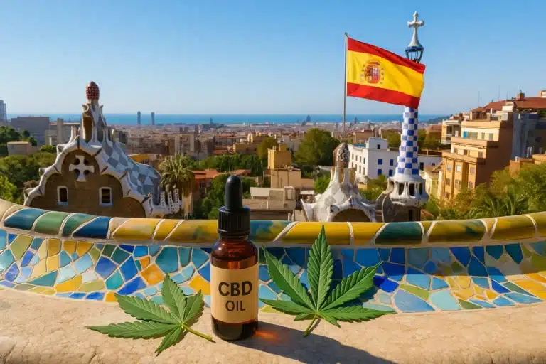 Vue du Parc Güell à Barcelone avec un flacon de CBD et des feuilles de cannabis sur le banc en mosaïque, et le drapeau espagnol en arrière-plan.