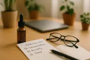 Bouteille de CBD sur un bureau en bois avec checklist et lunettes