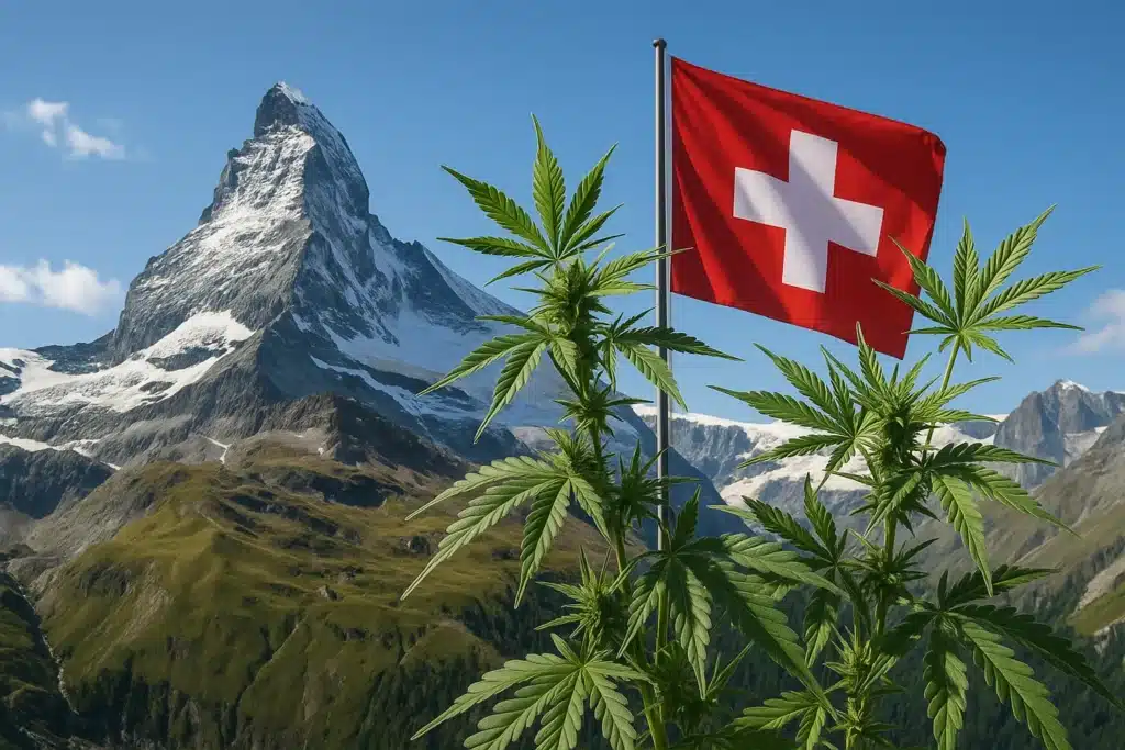 Sommet du Cervin avec drapeau suisse et plantes de cannabis au premier plan
