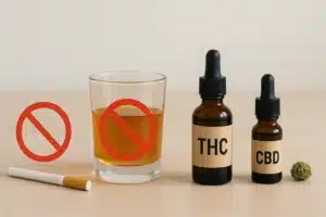 Une cigarette, un verre d’alcool, un flacon THC (tous trois barrés d’un 🚫), et un flacon de CBD avec une fleur, posés sur une table en bois clair.