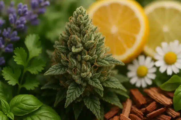 Macro photo d’une fleur de cannabis CBD avec trichomes, entourée de lavande, coriandre, basilic, tranches d’orange et de citron, fleurs de camomille et copeaux de bois de rose.