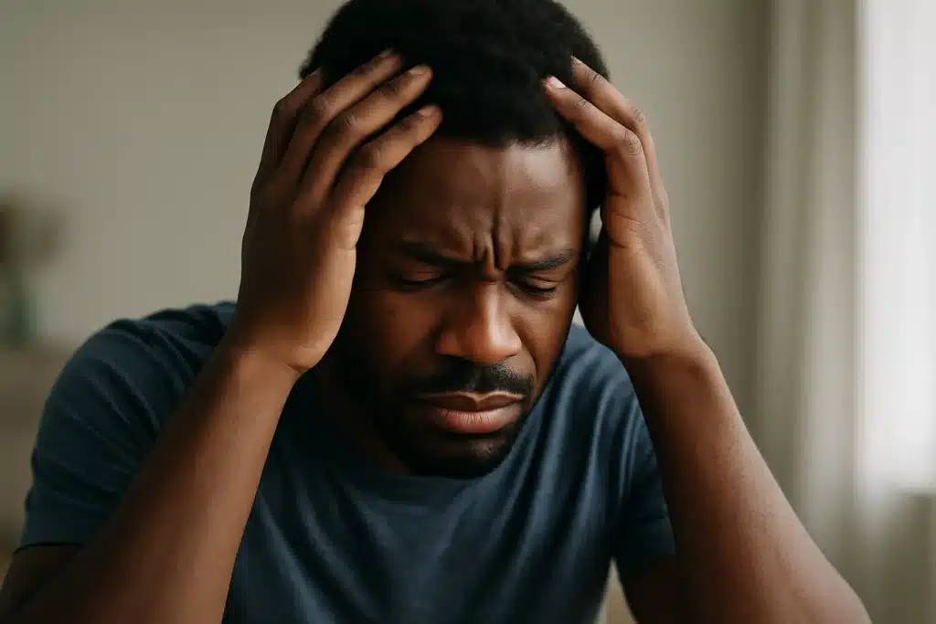 Un homme se tenant la tête avec une expression de douleur mentale