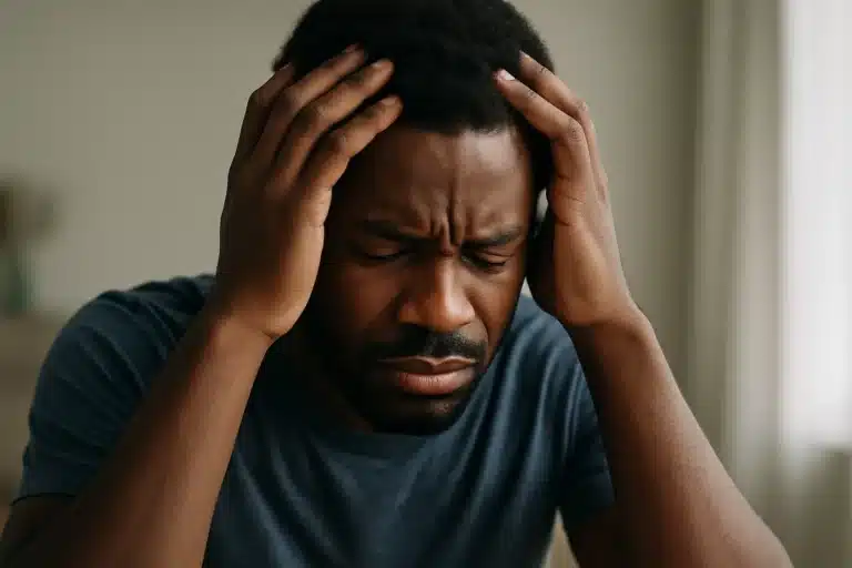 Un homme se tenant la tête avec une expression de douleur mentale
