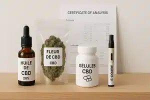 Produits CBD alignés sur une étagère en bois clair : huile, fleur, gélules, e-liquide, et certificat d’analyse en arrière-plan.