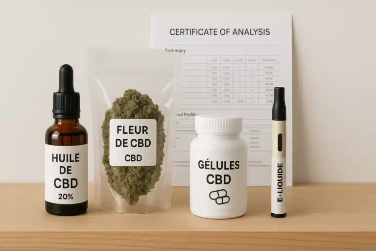 Produits CBD alignés sur une étagère en bois clair : huile, fleur, gélules, e-liquide, et certificat d’analyse en arrière-plan.