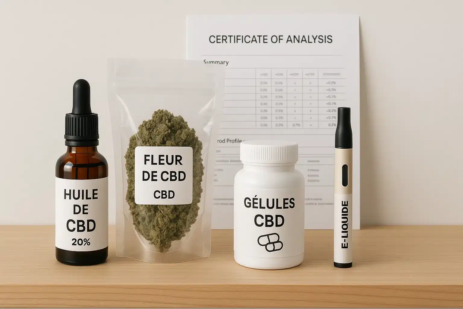 Produits CBD alignés sur une étagère en bois clair : huile, fleur, gélules, e-liquide, et certificat d’analyse en arrière-plan.