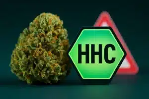 Fleur de cannabis avec étiquette verte portant l’inscription HHC