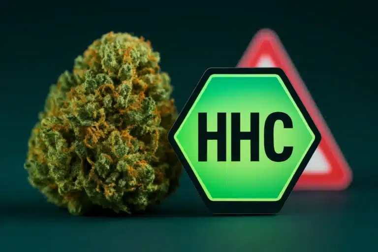 Fleur de cannabis avec étiquette verte portant l’inscription HHC